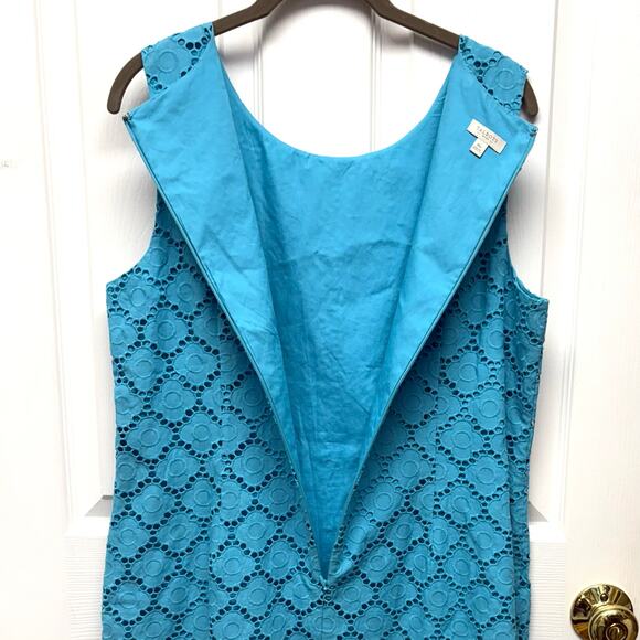 Talbots Eyelet Lace Shift Dress Blue Sleeveless Lined 100% Cotton Size 16 Petite - Picture 4 of 6